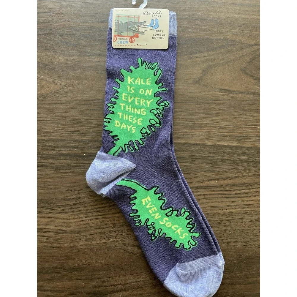 Blue Q Womens Crew Socks Kale Is On Everything These Days Size 5-10 Purple Green